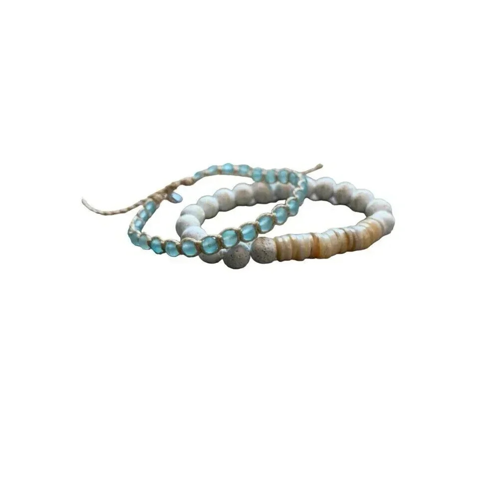 Natural Stone Glass Beach Beaded Stretch Macrame Set 2 Bracelets Crystal Shell